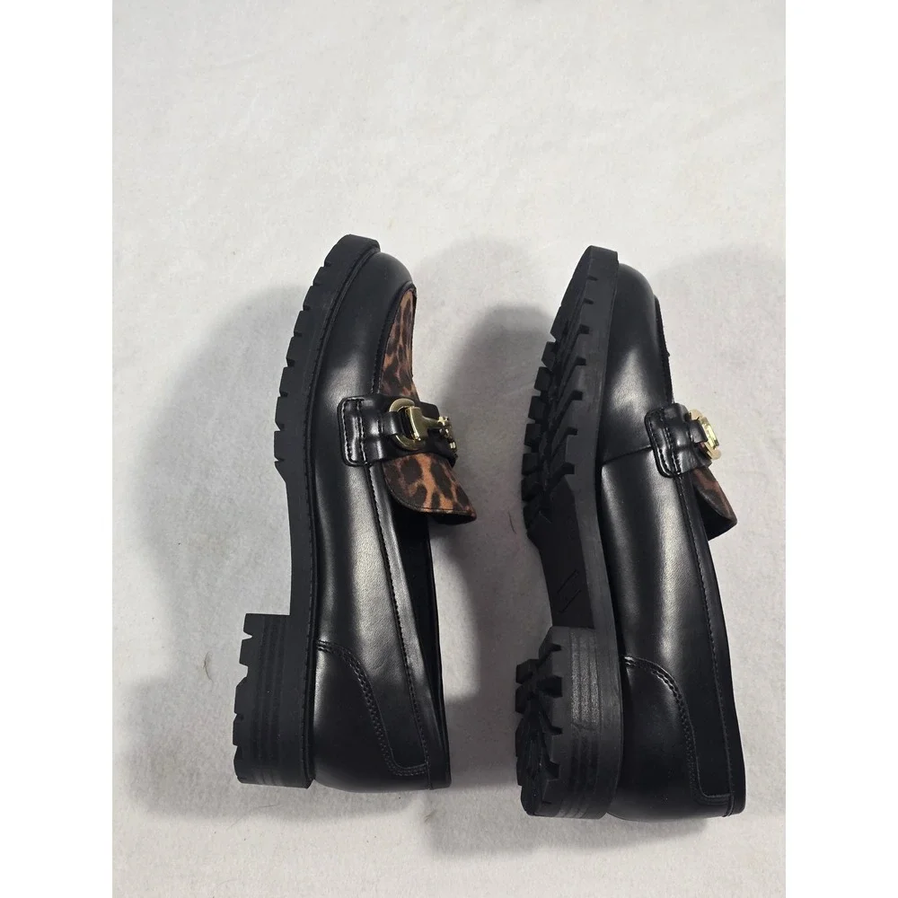 Nine West Wnnewdale8 Leopard Print Horsebit Lug Sole Loafers Black Women 6M new